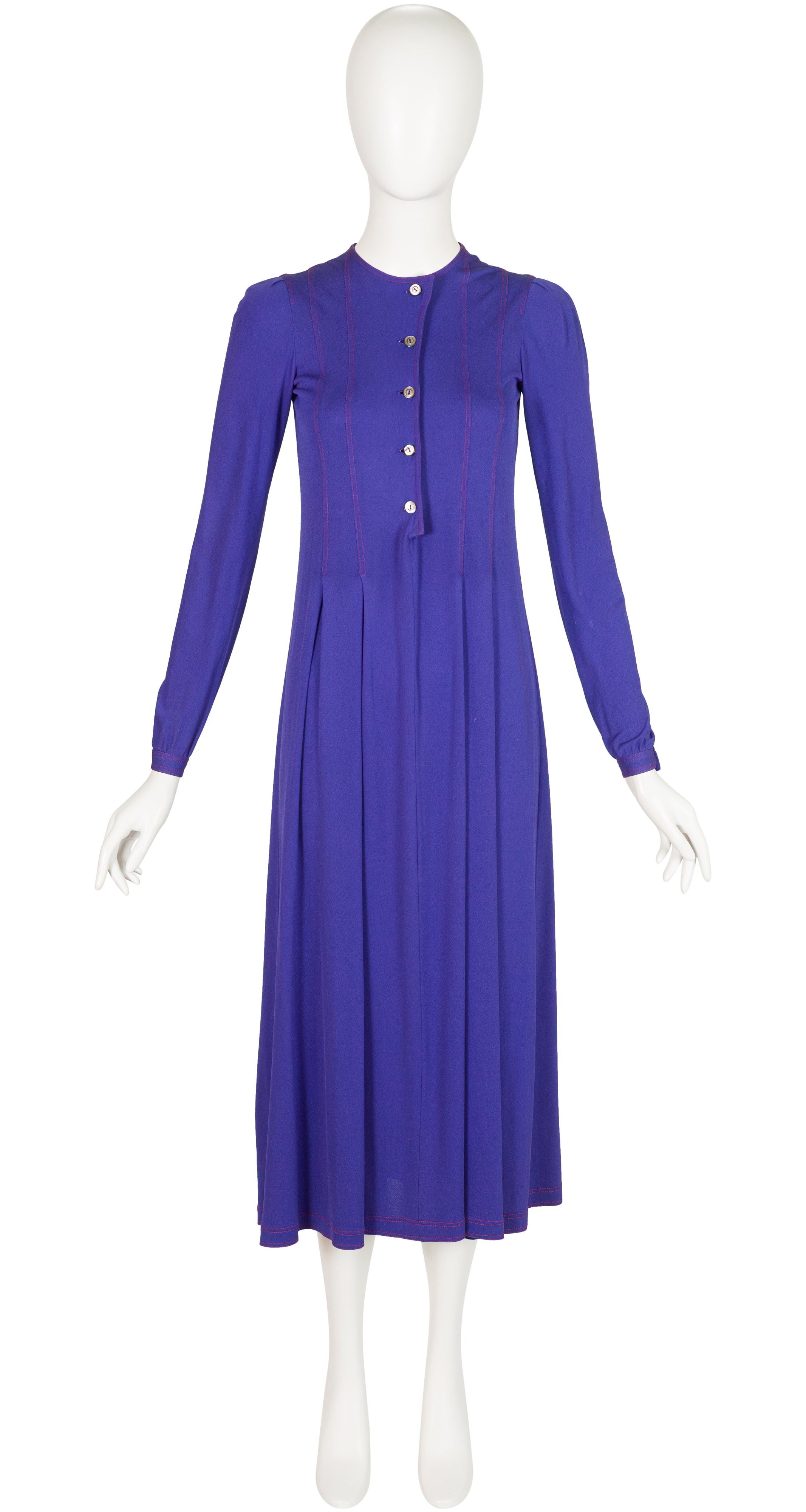 1970s Purple Rayon Jersey Long Sleeve Midi Dress
