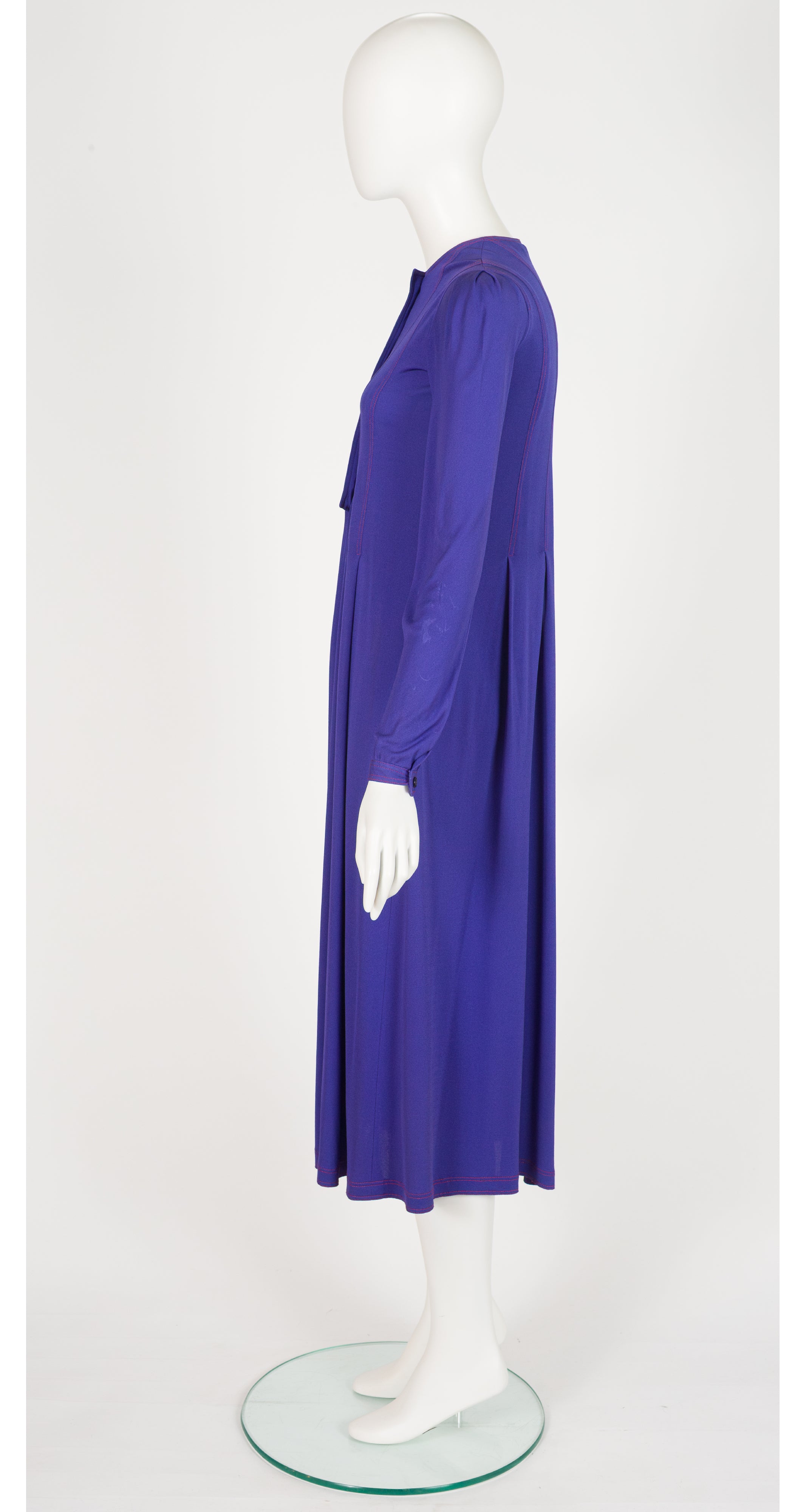 1970s Purple Rayon Jersey Long Sleeve Midi Dress
