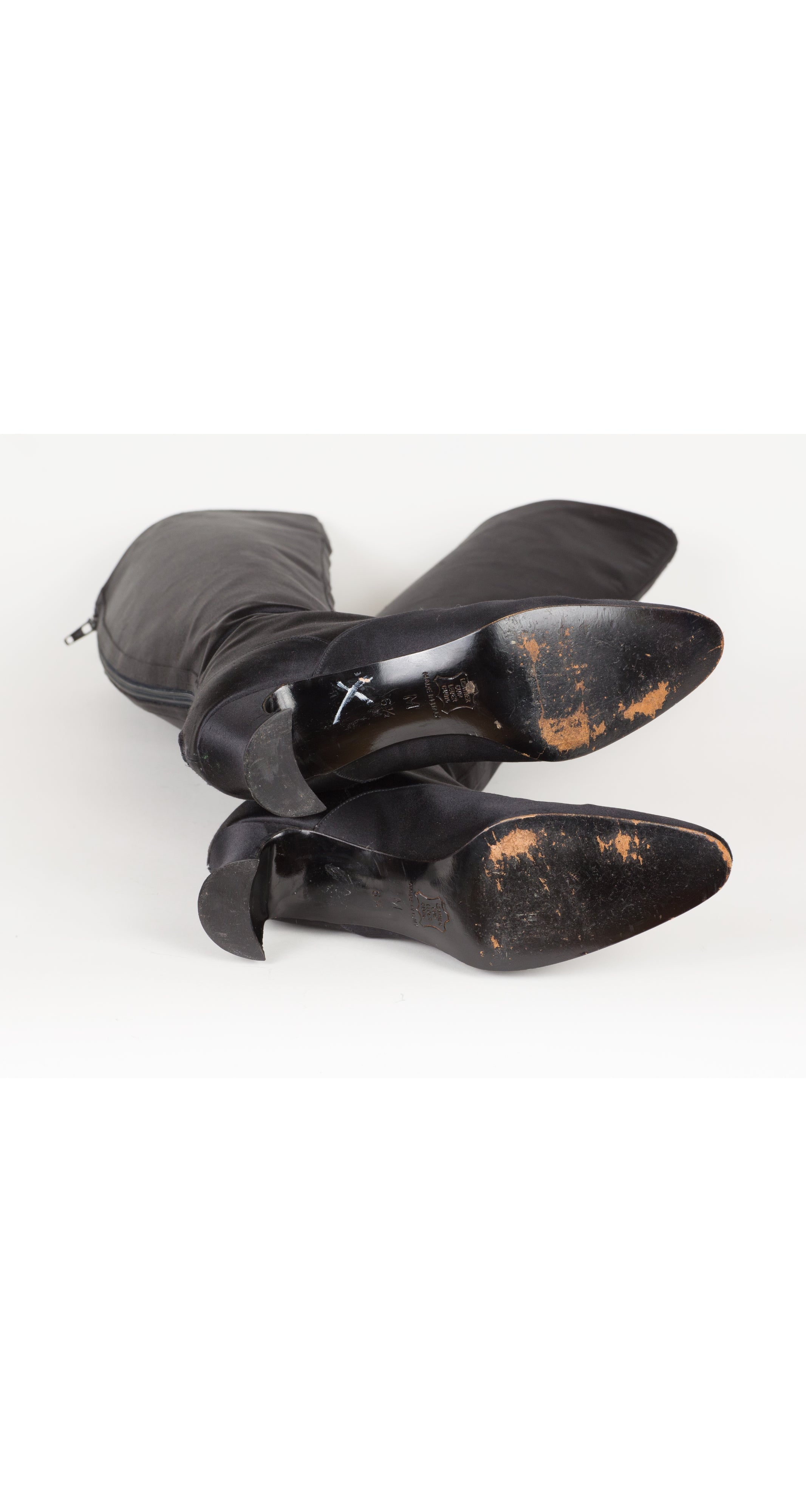 1980s Black Silk Satin Knee-High Spool Heel Boots