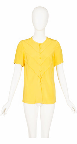 1980s Yellow Silk Crepe Button-Up Short Sleeve Blouse