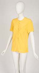 1980s Yellow Silk Crepe Button-Up Short Sleeve Blouse