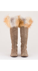 1970s Fox Fur Trim Beige Suede Knee-High Boots