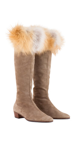 1970s Fox Fur Trim Beige Suede Knee-High Boots