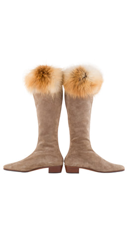 1970s Fox Fur Trim Beige Suede Knee-High Boots
