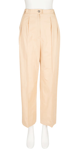 1970s Beige Cotton Pleated Straight-Leg Pants