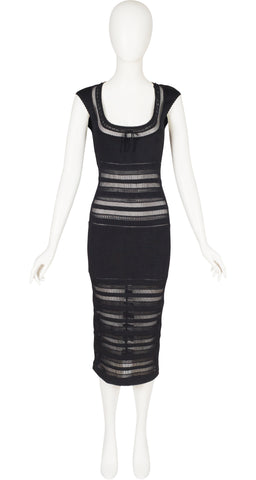 1993 S/S Crochet Inset Black Rayon Knit Dress