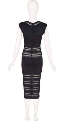 1993 S/S Crochet Inset Black Rayon Knit Dress