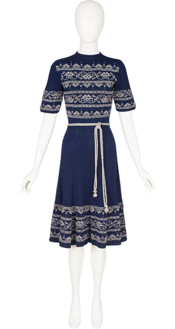 1940s Intarsia Navy Wool Knit Short Sleeve Dress