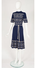 1940s Intarsia Navy Wool Knit Short Sleeve Dress