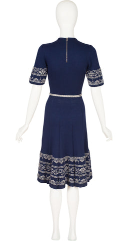 1940s Intarsia Navy Wool Knit Short Sleeve Dress