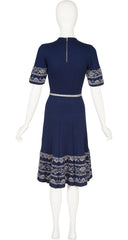 1940s Intarsia Navy Wool Knit Short Sleeve Dress