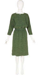 1970s Dark Green Wool Blouson Dress