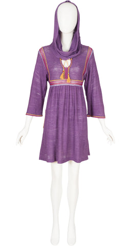 1970s Purple Knit Mini Dress & Head Scarf