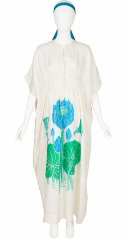 1970s Water Lily Print White Thai Silk Caftan Dress