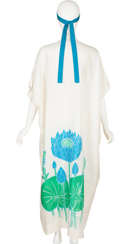 1970s Water Lily Print White Thai Silk Caftan Dress