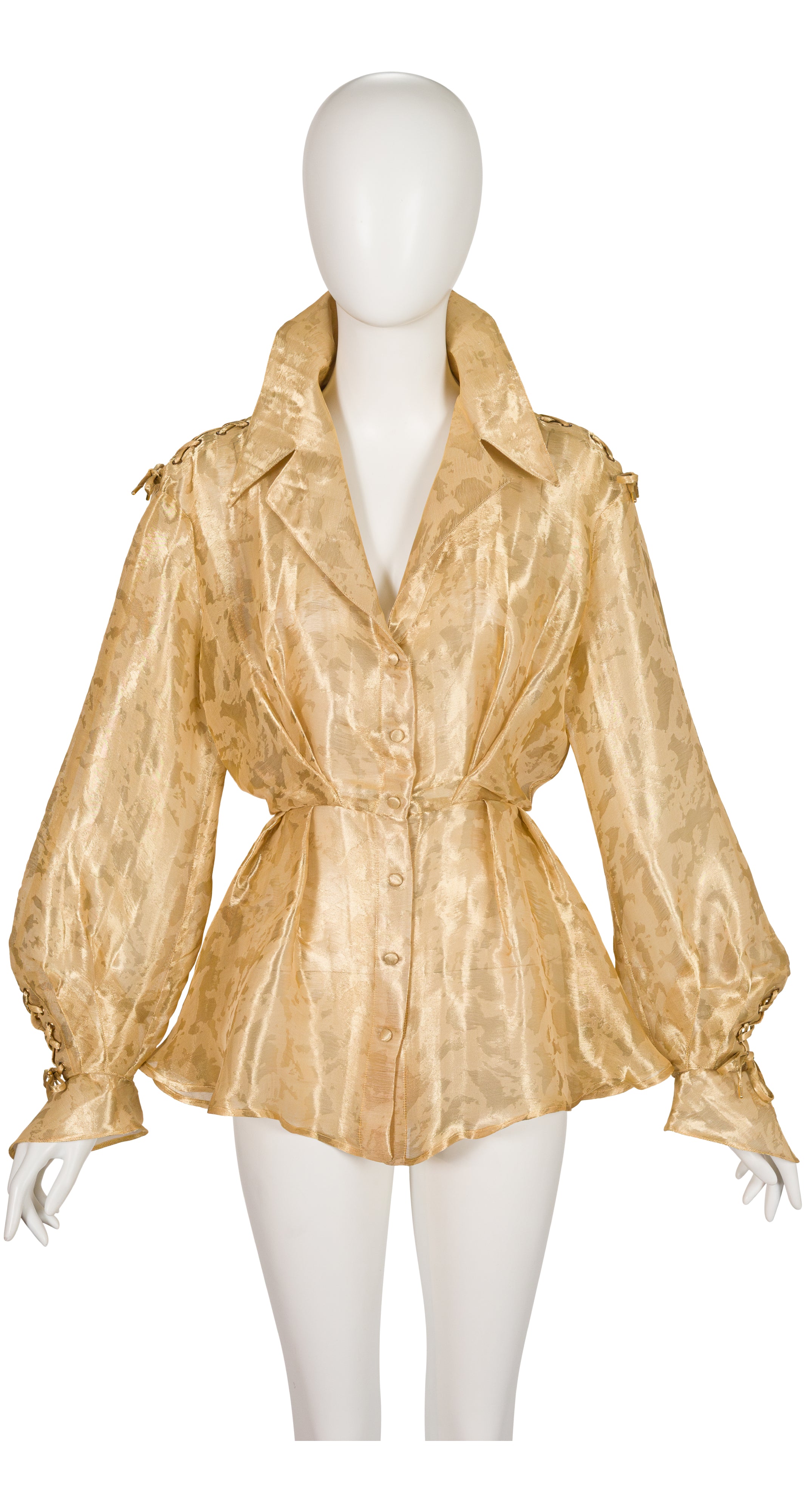 1990s Gold Organza Bishop Sleeve Peplum Blouse