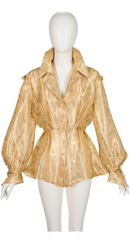 1990s Gold Organza Bishop Sleeve Peplum Blouse
