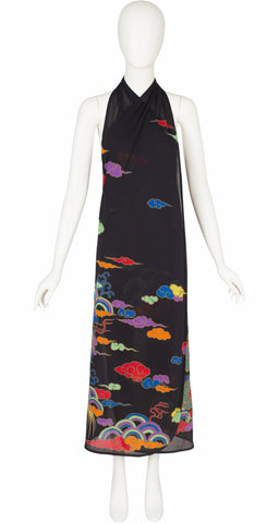 1970s Dragon Print Black Beach Sarong Dress