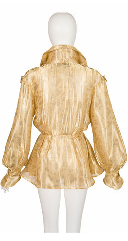 1990s Gold Organza Bishop Sleeve Peplum Blouse