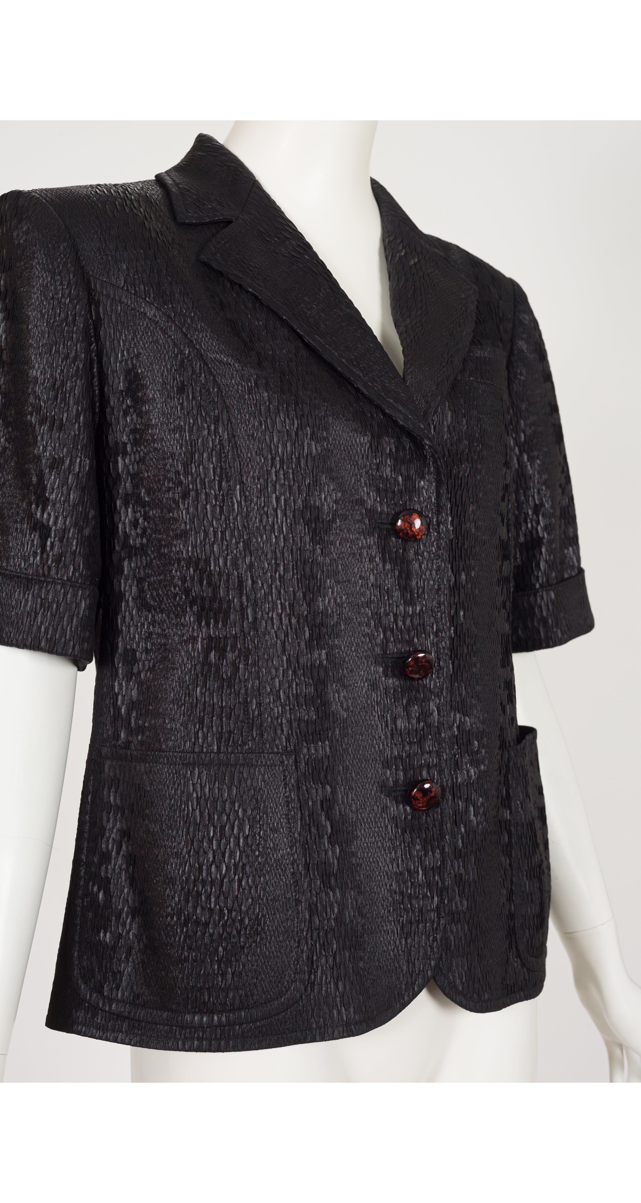 1990s Black Faux Python Skin Short Sleeve Jacket
