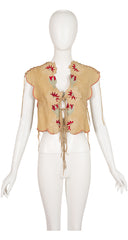 1970s Floral Appliqué Tan Suede Lace-Up Vest