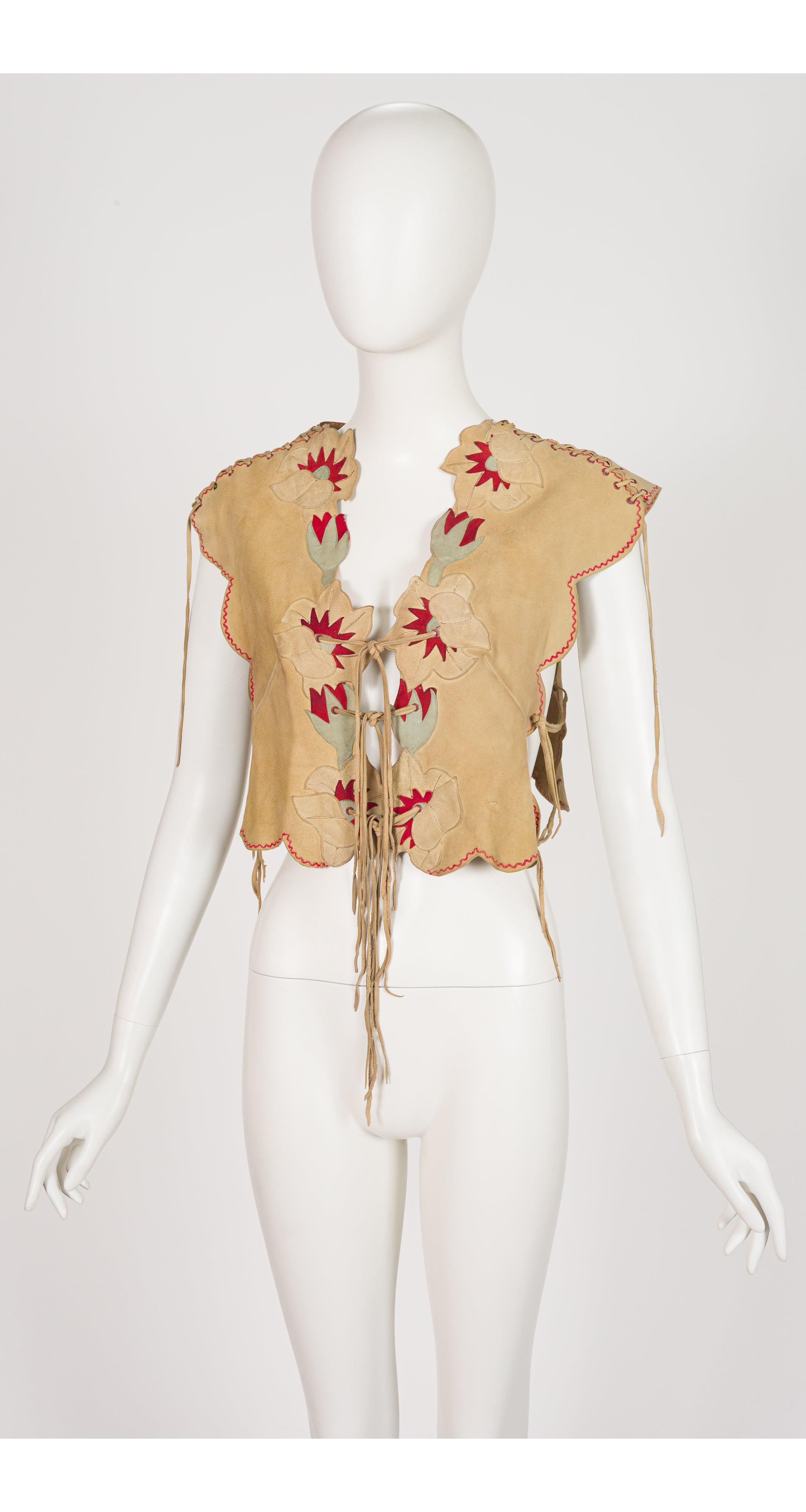 1970s Floral Appliqué Tan Suede Lace-Up Vest