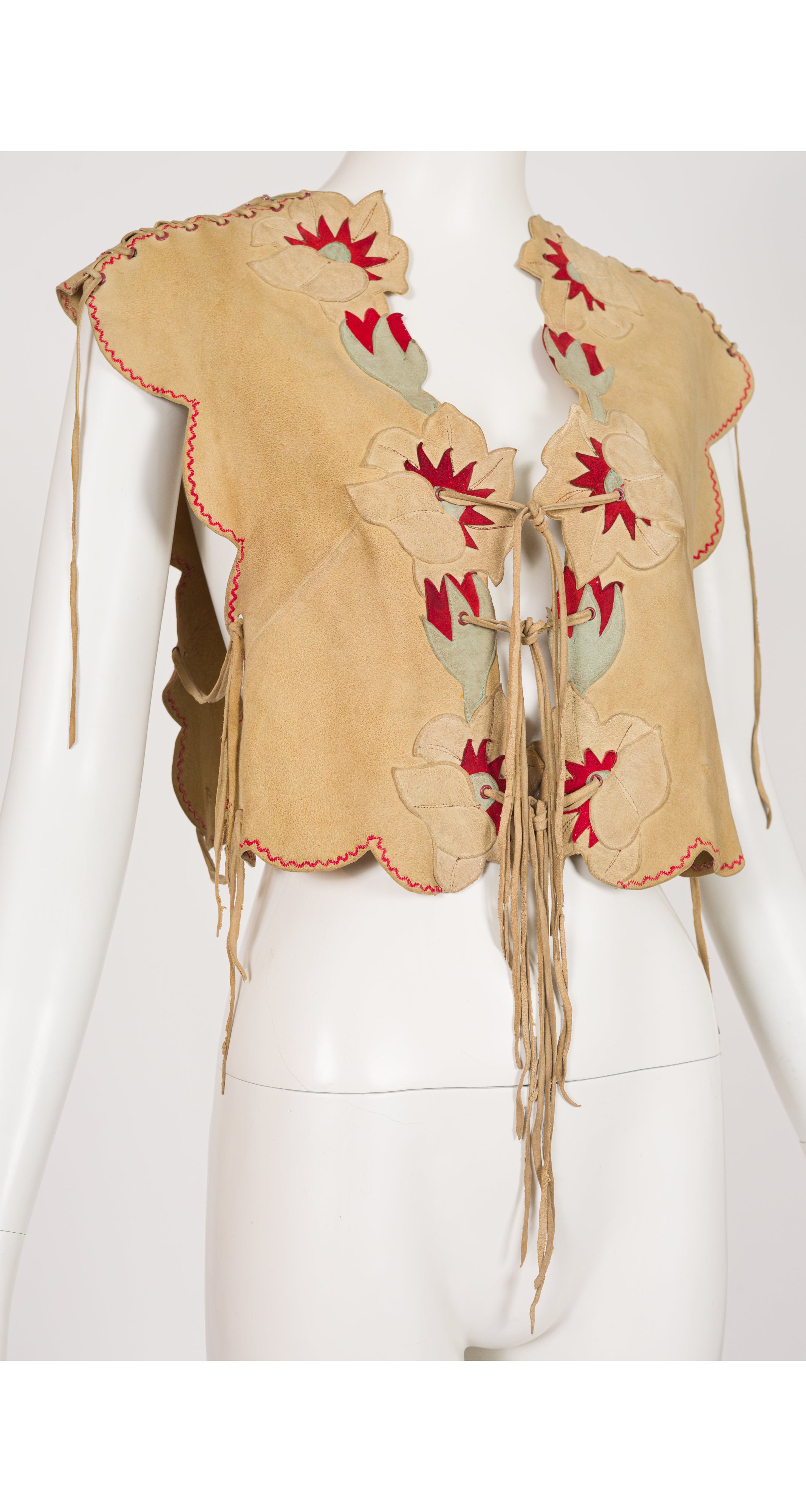1970s Floral Appliqué Tan Suede Lace-Up Vest
