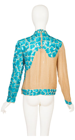 1980s Giraffe Print Sequin & Beaded Silk Chiffon Top