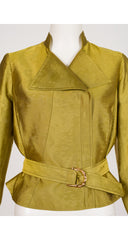1990s Chartreuse Faille Belted Moto Jacket