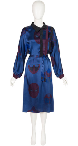 1980s Comic Book Character Blue Silk Shirt Dress