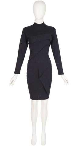 1980s Charcoal Zig-Zag Ribbon Wool Knit Dress