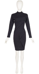 1980s Charcoal Zig-Zag Ribbon Wool Knit Dress