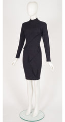 1980s Charcoal Zig-Zag Ribbon Wool Knit Dress