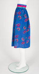 1980s Floral Blue Silk Pleated High-Waisted Skirt