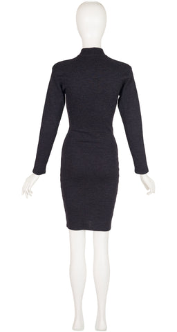 1980s Charcoal Zig-Zag Ribbon Wool Knit Dress