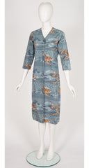 1976 S/S Tiger Print Slate Blue Cotton Tunic Dress