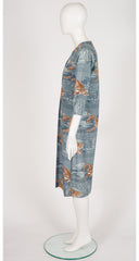 1976 S/S Tiger Print Slate Blue Cotton Tunic Dress