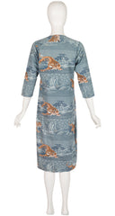 1976 S/S Tiger Print Slate Blue Cotton Tunic Dress