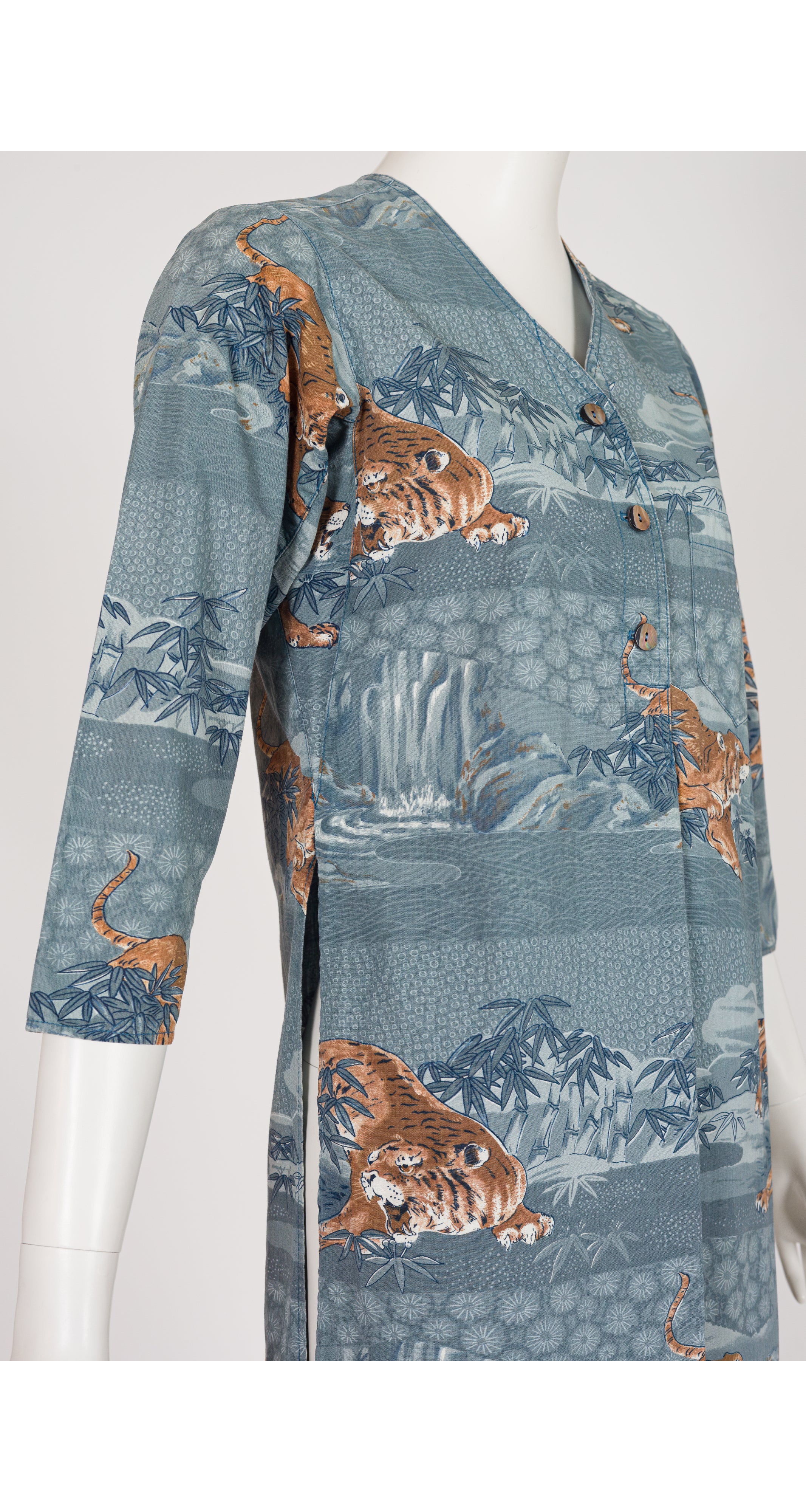 1976 S/S Tiger Print Slate Blue Cotton Tunic Dress