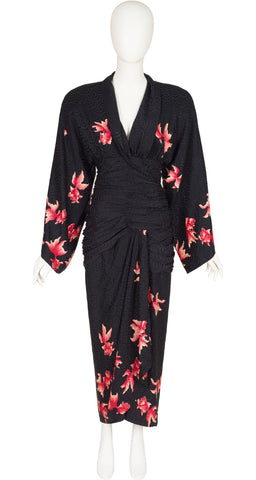 1980s Koi Fish Print Black Silk Jacquard Evening Dress