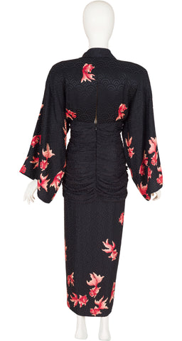 1980s Koi Fish Print Black Silk Jacquard Evening Dress
