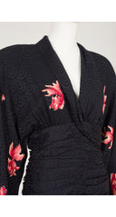 1980s Koi Fish Print Black Silk Jacquard Evening Dress