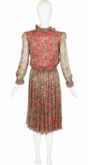 1980s Floral Print Lurex Silk Chiffon Pleated Evening Dress