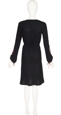 1970s Floral Embroidered Black Knit Belted Dress