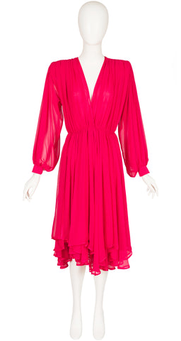 1980s Hot Pink Chiffon Balloon Sleeve Evening Dress
