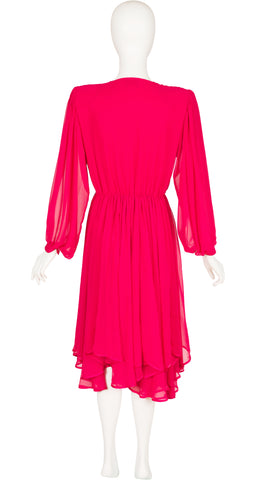 1980s Hot Pink Chiffon Balloon Sleeve Evening Dress