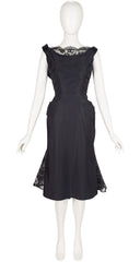 1950s Black Silk Taffeta & Lace Bustle Cocktail Dress