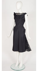 1950s Black Silk Taffeta & Lace Bustle Cocktail Dress