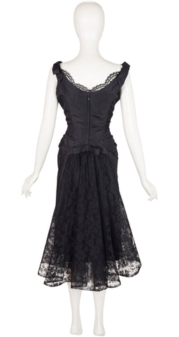 1950s Black Silk Taffeta & Lace Bustle Cocktail Dress