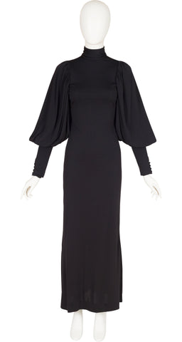 1970s Black Jersey Leg of Mutton Sleeve Gown